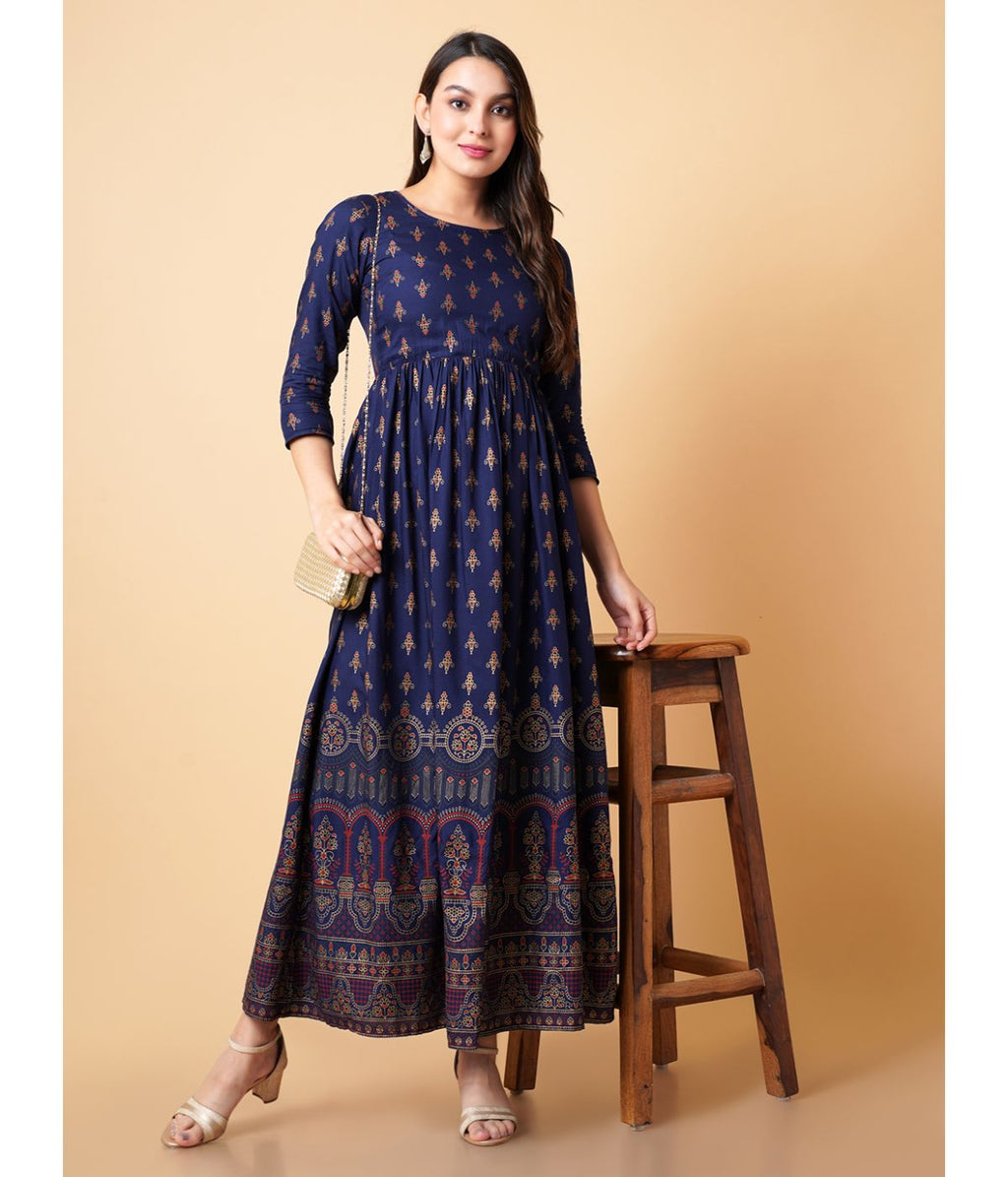 Chic Anarkali Dark Blue Midi Dress