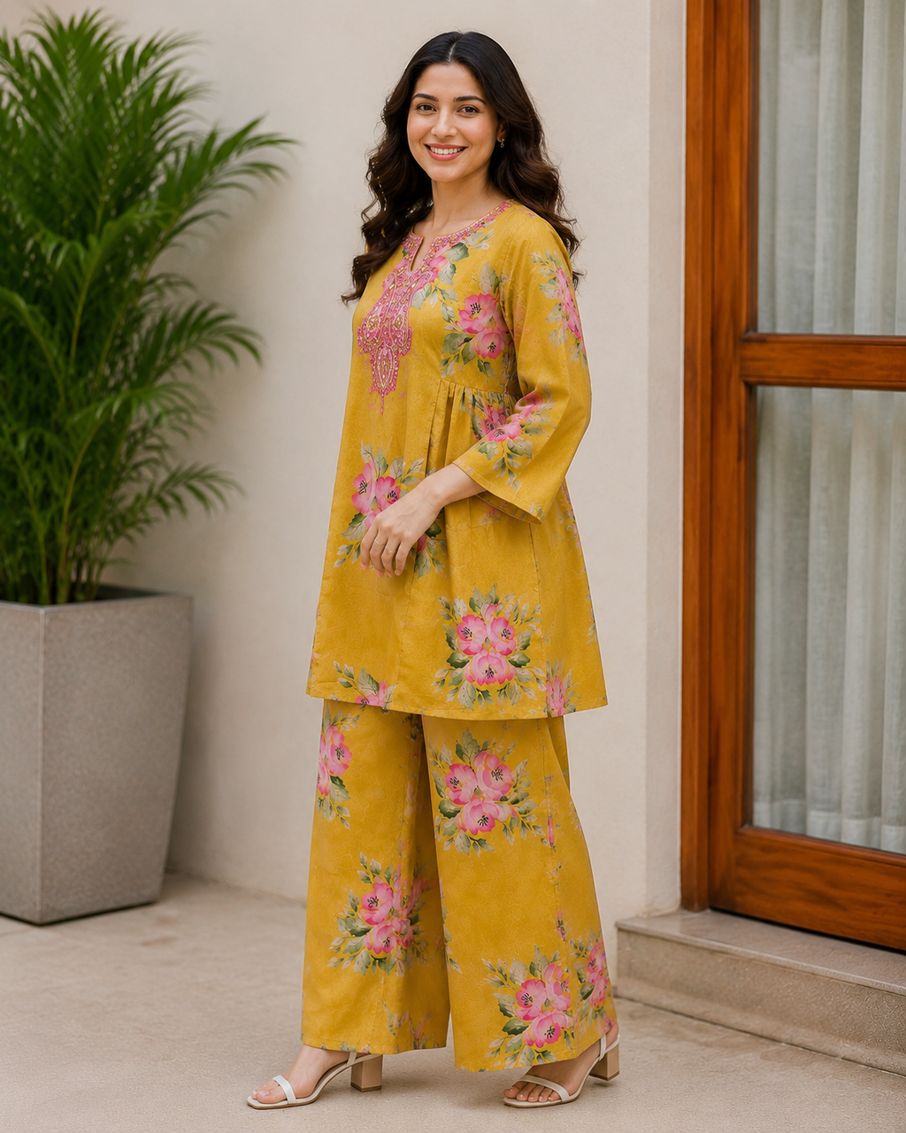 Mustard Floral Prineted Tissue Organza Co-Ord Set