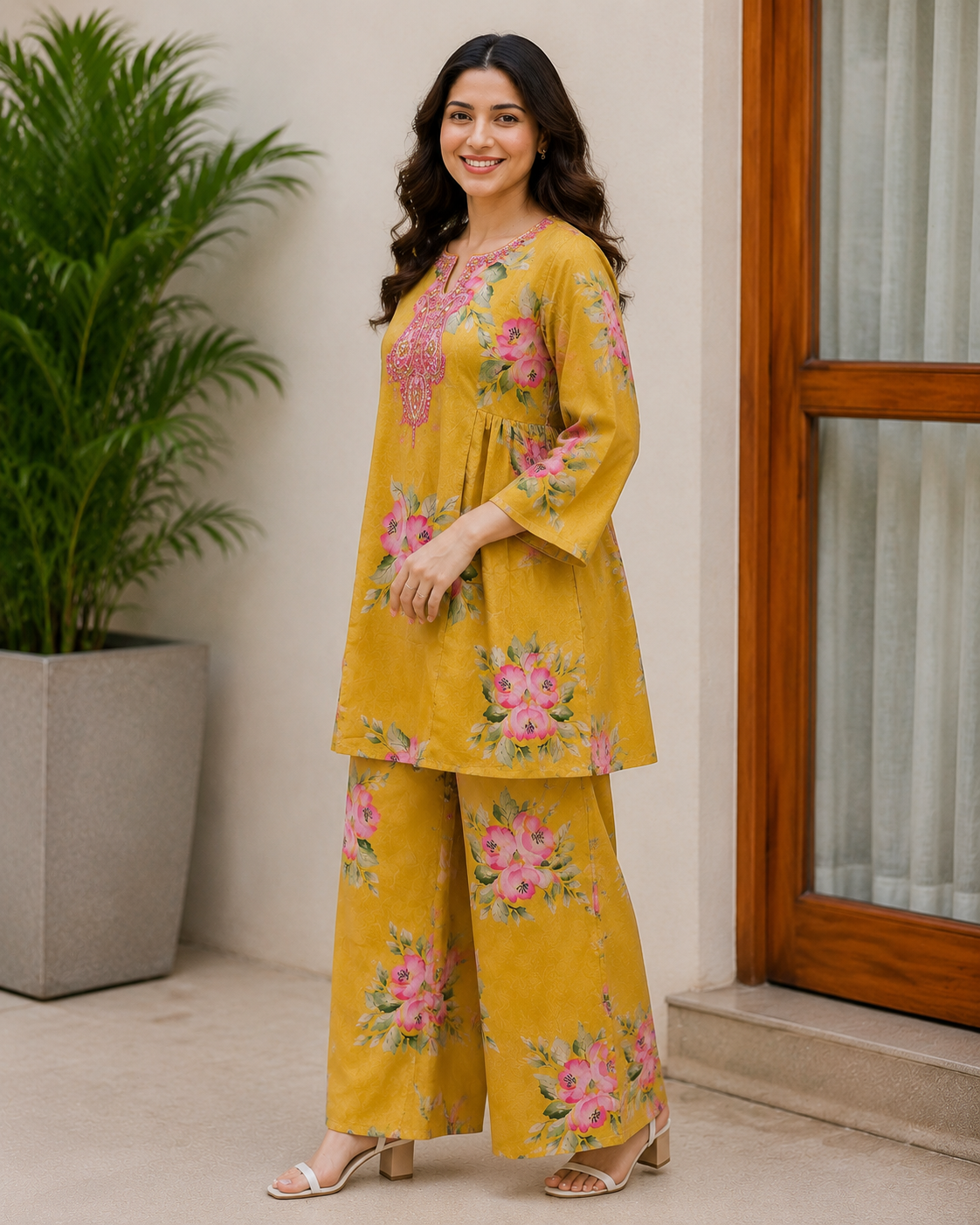 Mustard Floral Prineted Tissue Organza Co-Ord Set