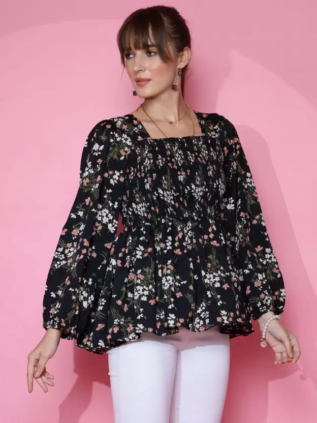 Casual Black Printed Peplum Top