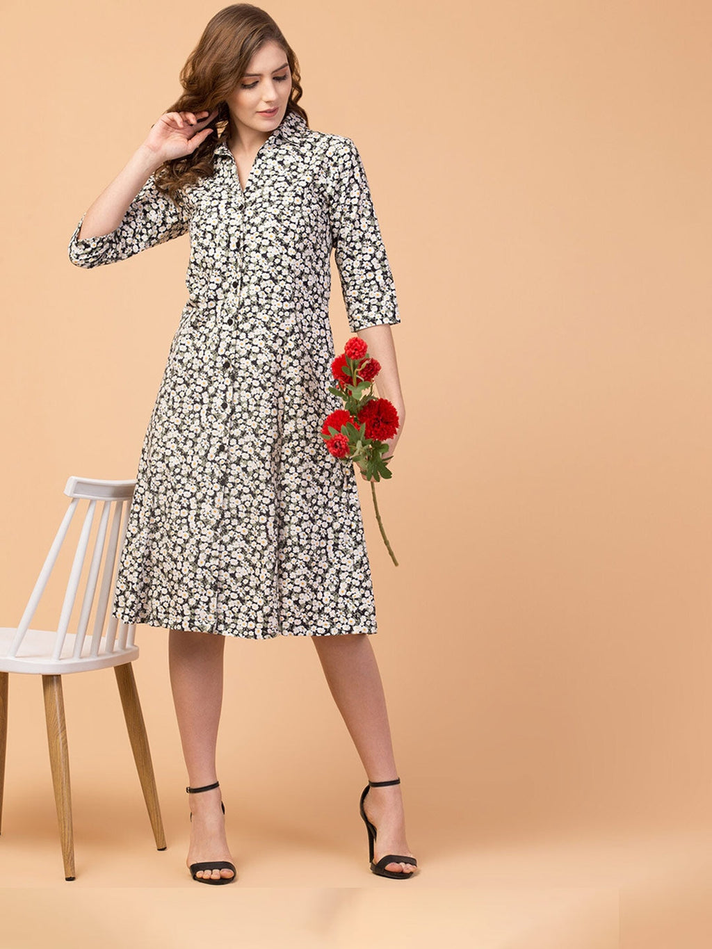 Modest Elegance Knee-Length Shirt Dress with Shirt Collar