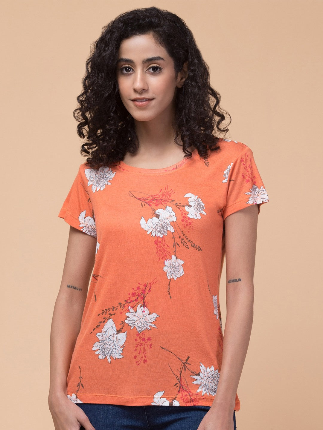 Orange Floral print Relaxed fit T-shirt
