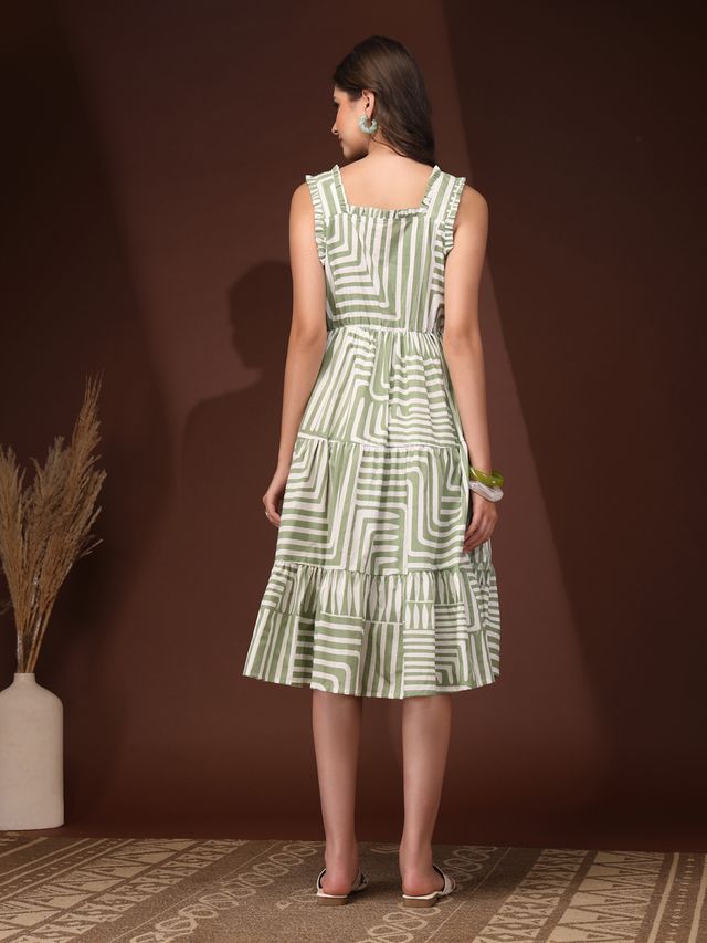 Emerald Bloom Geometric Print Midi Dress