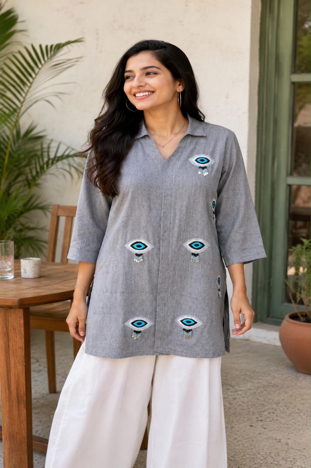 Grey Evil Eye Embroidered Cotton Tunic shirt
