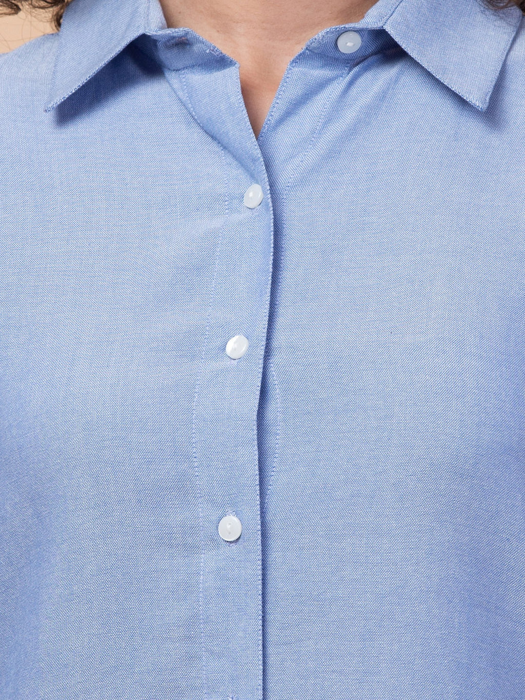 Azure Elegance Blue Solid Shirt Dress with Roll-Up Sleeves