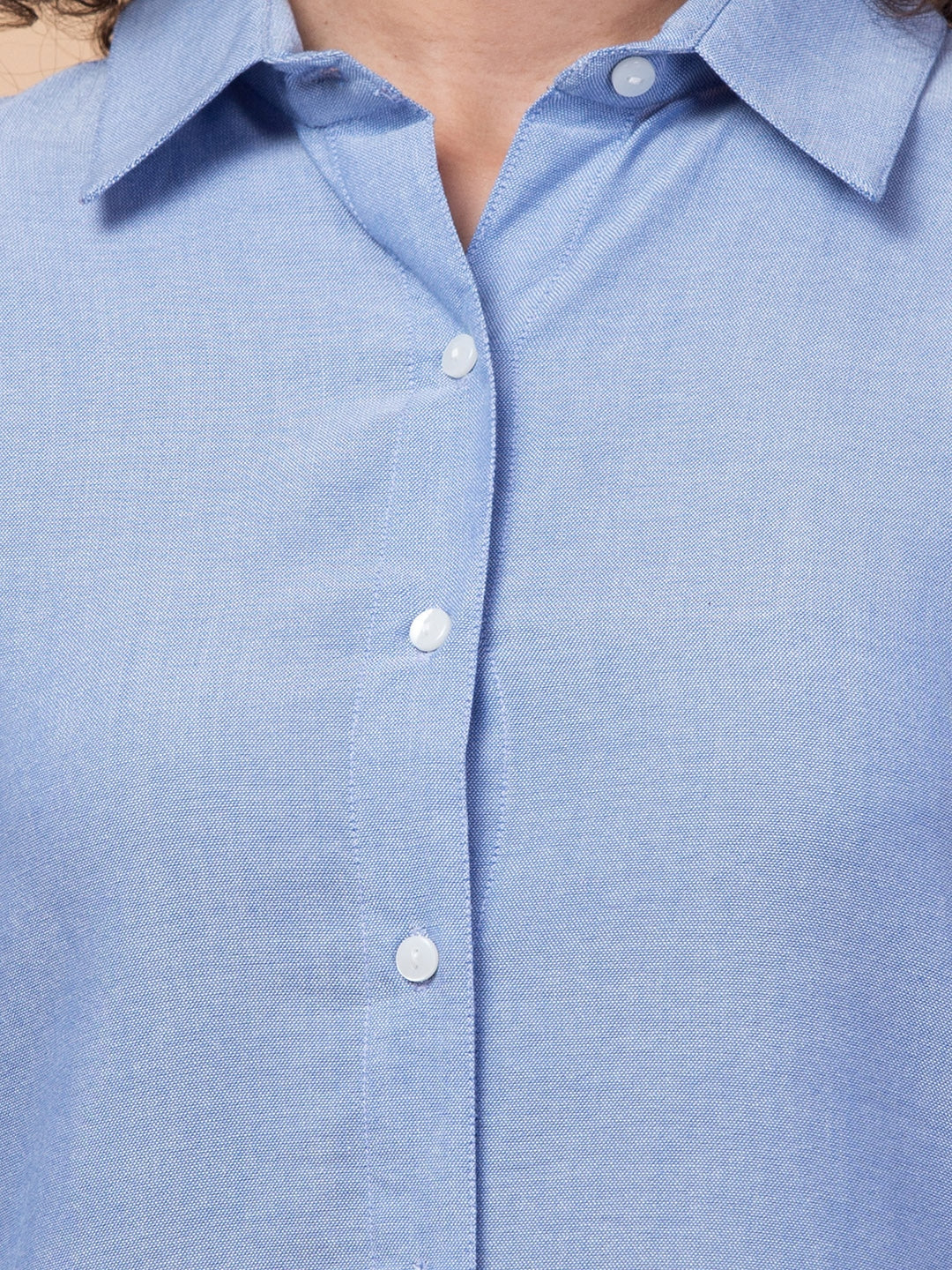 Azure Elegance Blue Solid Shirt Dress with Roll-Up Sleeves