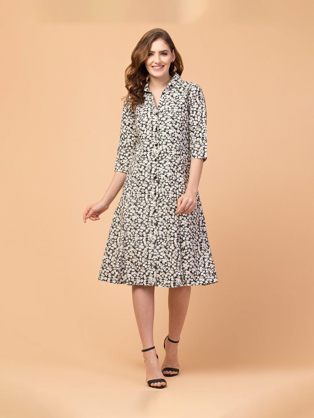 Modest Elegance Knee-Length Shirt Dress with Shirt Collar