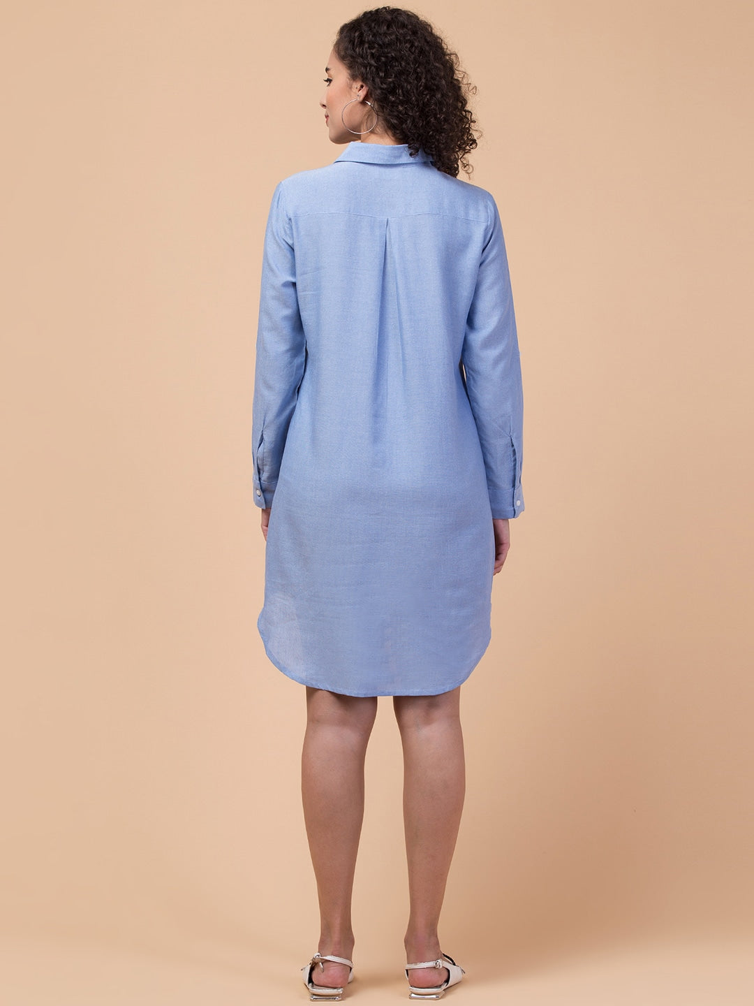 Azure Elegance Blue Solid Shirt Dress with Roll-Up Sleeves