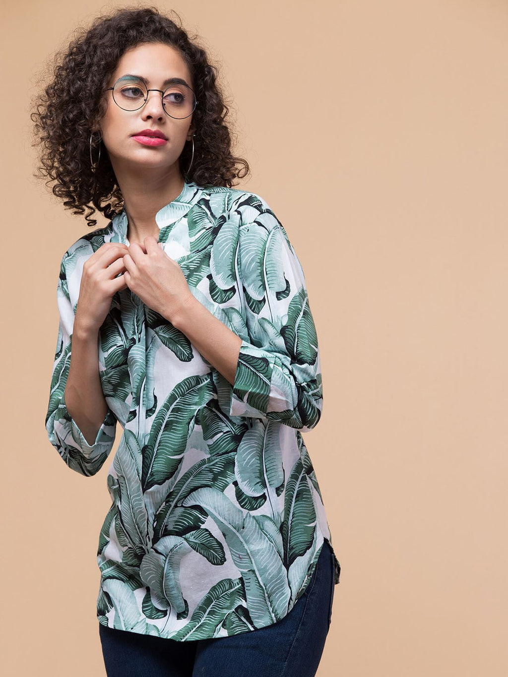 Green Tropical print shirt style Top