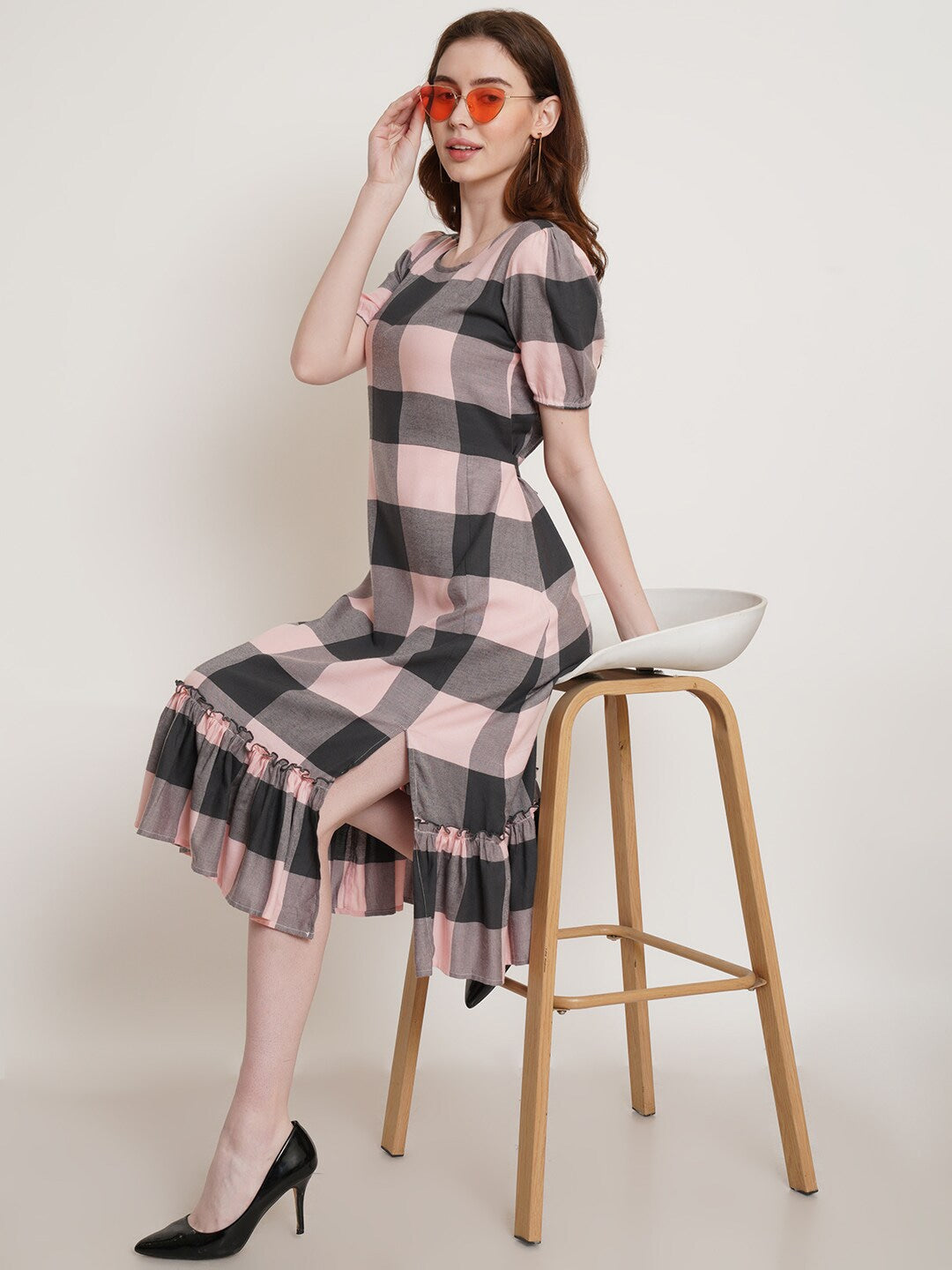 Peachy Geometric Grace Round Neck A-Line Dress with Flounce Hem