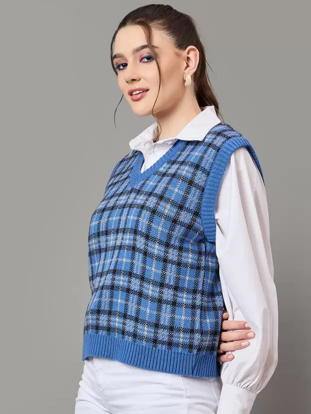 Fashionable Blue  Plaid Sweater