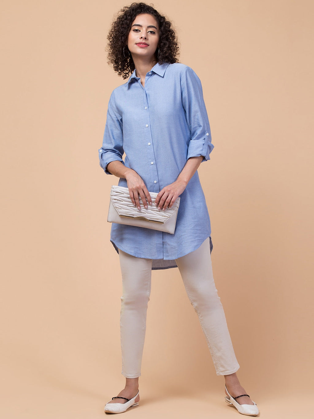 Azure Elegance Blue Solid Shirt Dress with Roll-Up Sleeves
