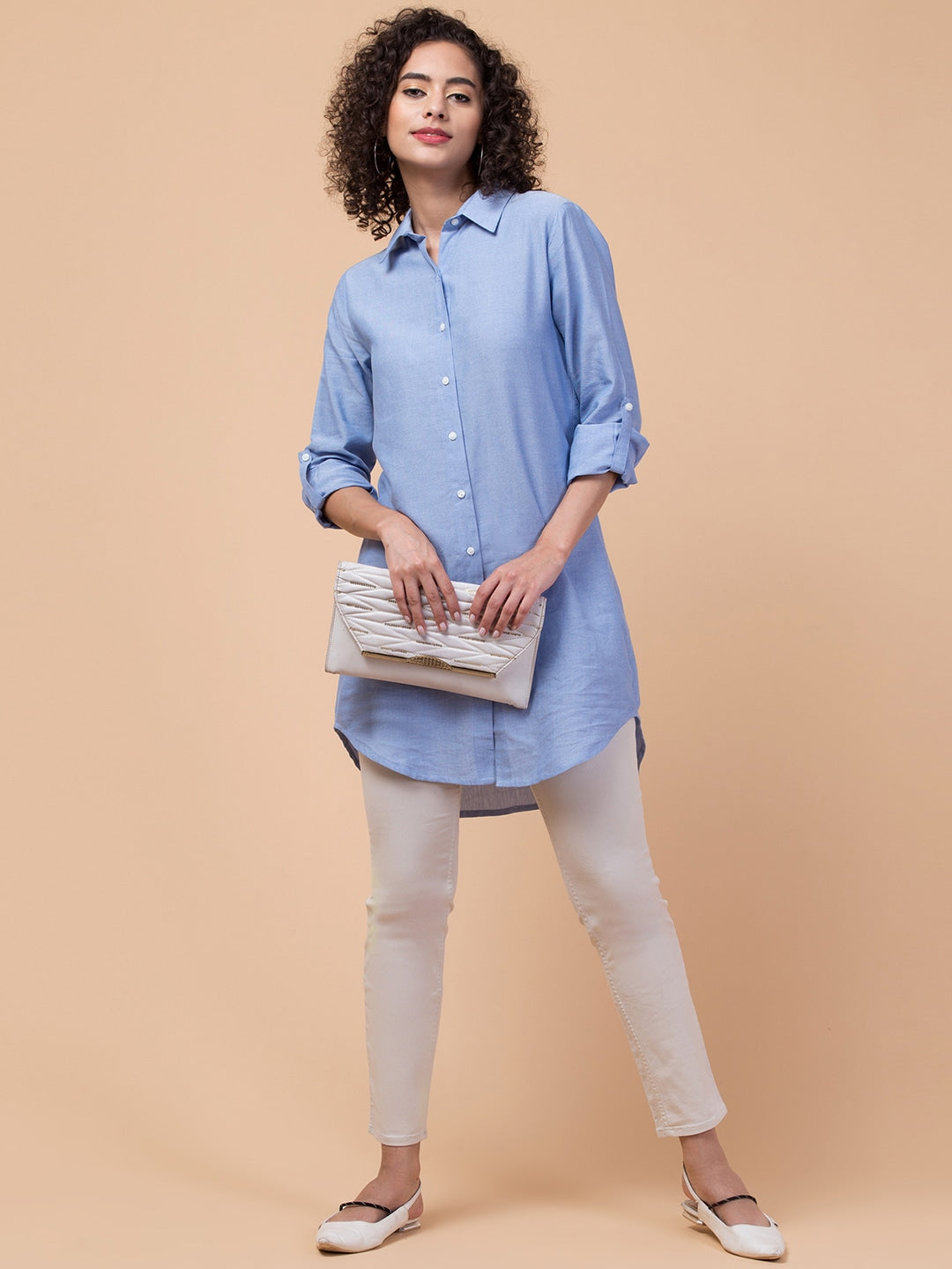 Azure Elegance Blue Solid Shirt Dress with Roll-Up Sleeves