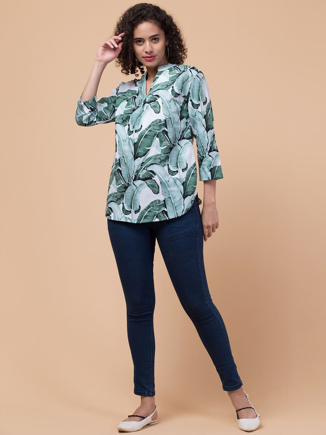 Green Tropical print shirt style Top
