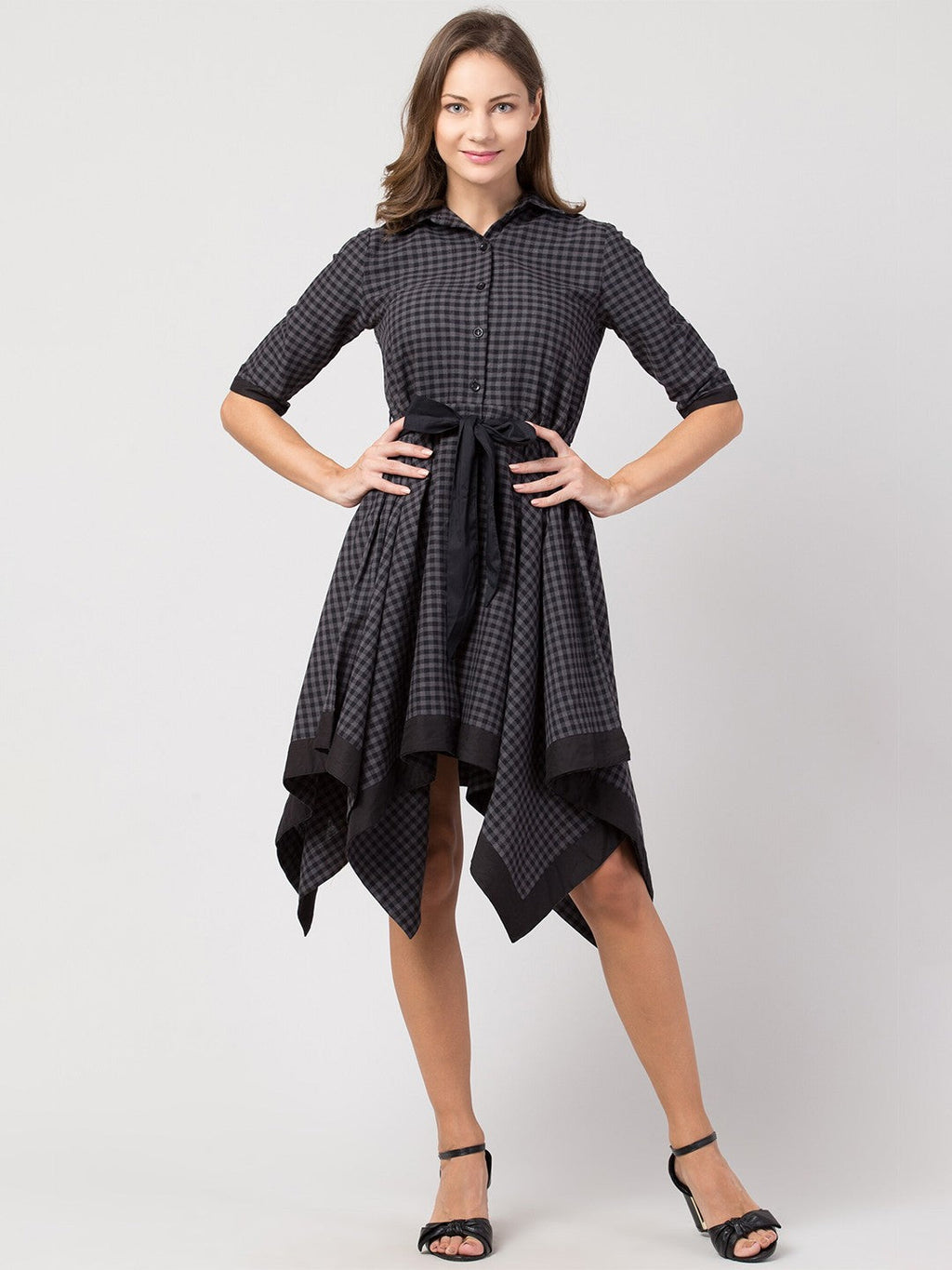 Checked Cotton Shirt Collar Dress