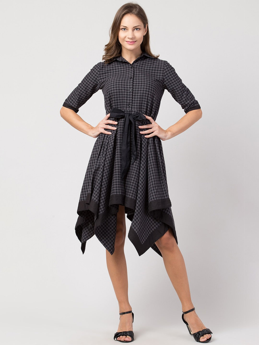 Checked Cotton Shirt Collar Dress
