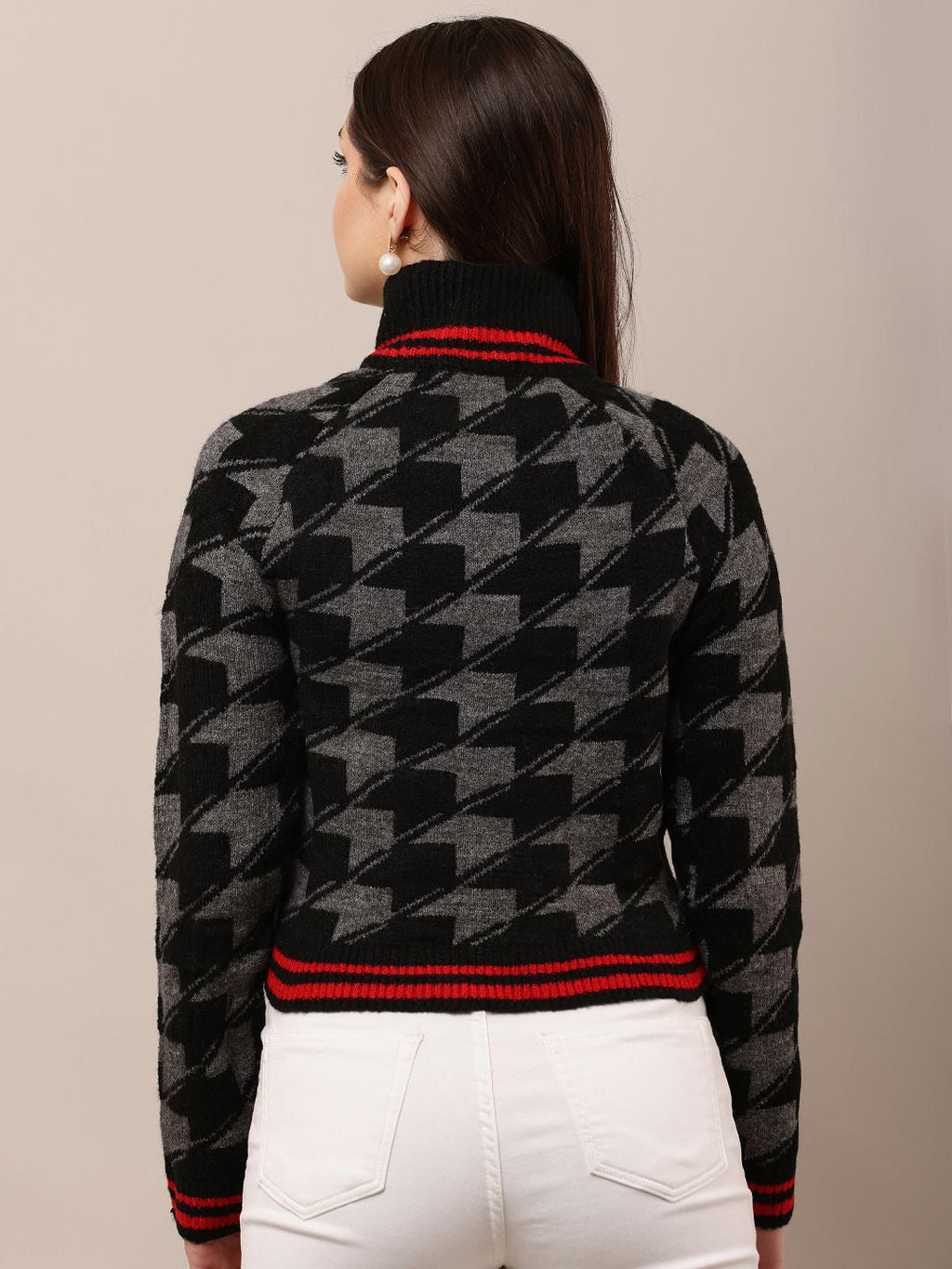 Black Classic High Neck Checked Pullover