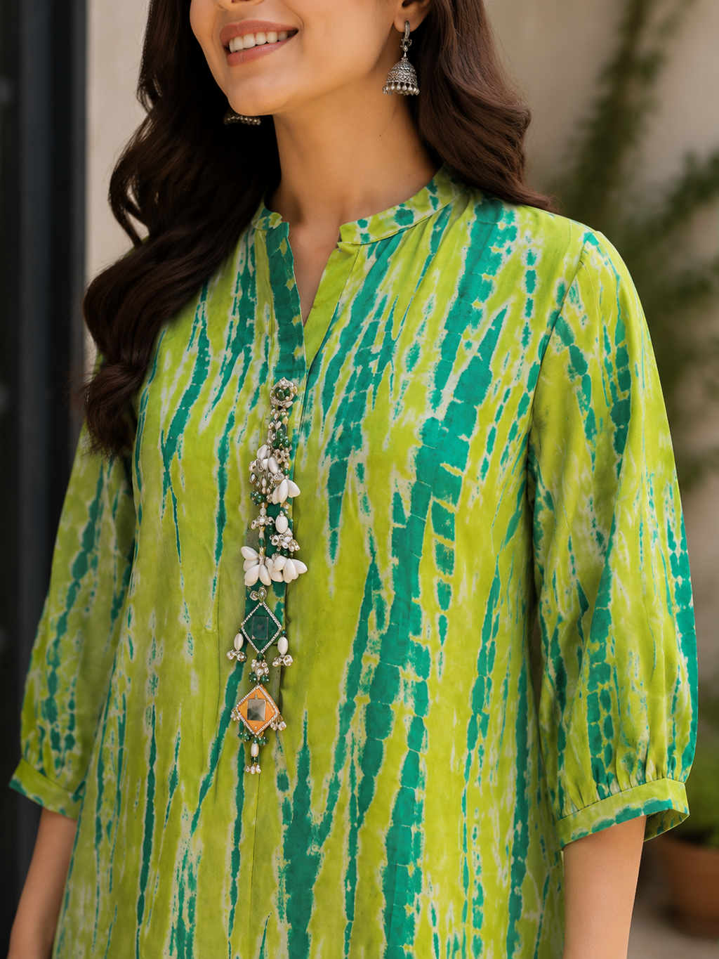 Lime Green Abstract Printed Flared Kurta Co-ord Set