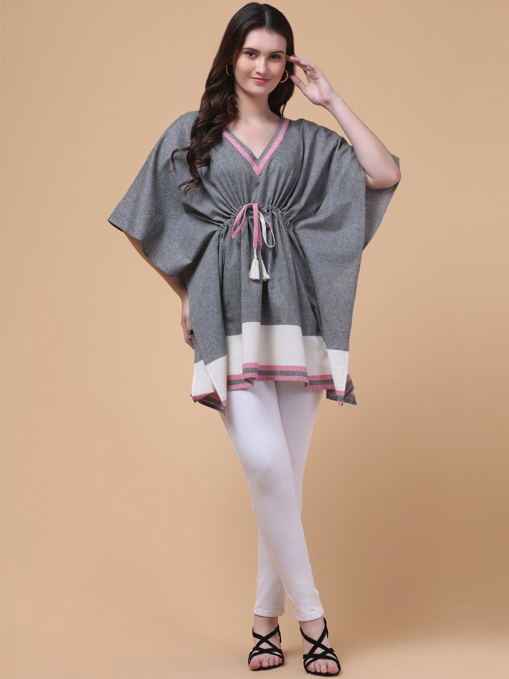 Grey Cotton Tie-Up Kaftan Top