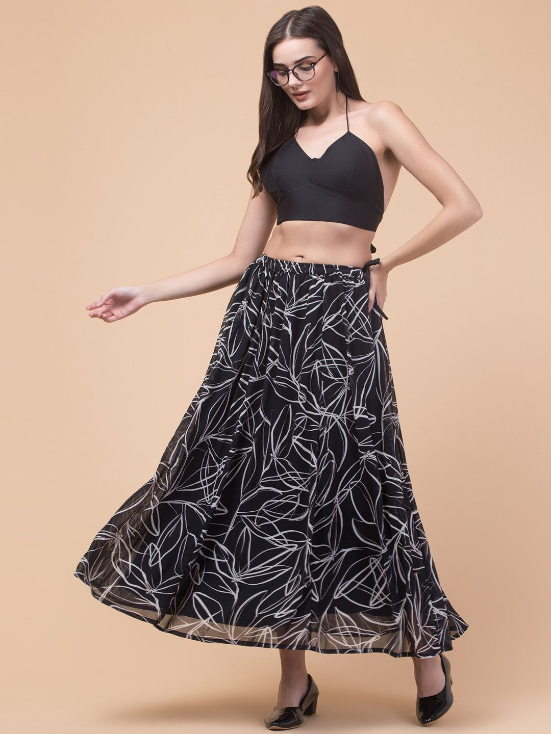 Black Abstract Print Maxi Skirt