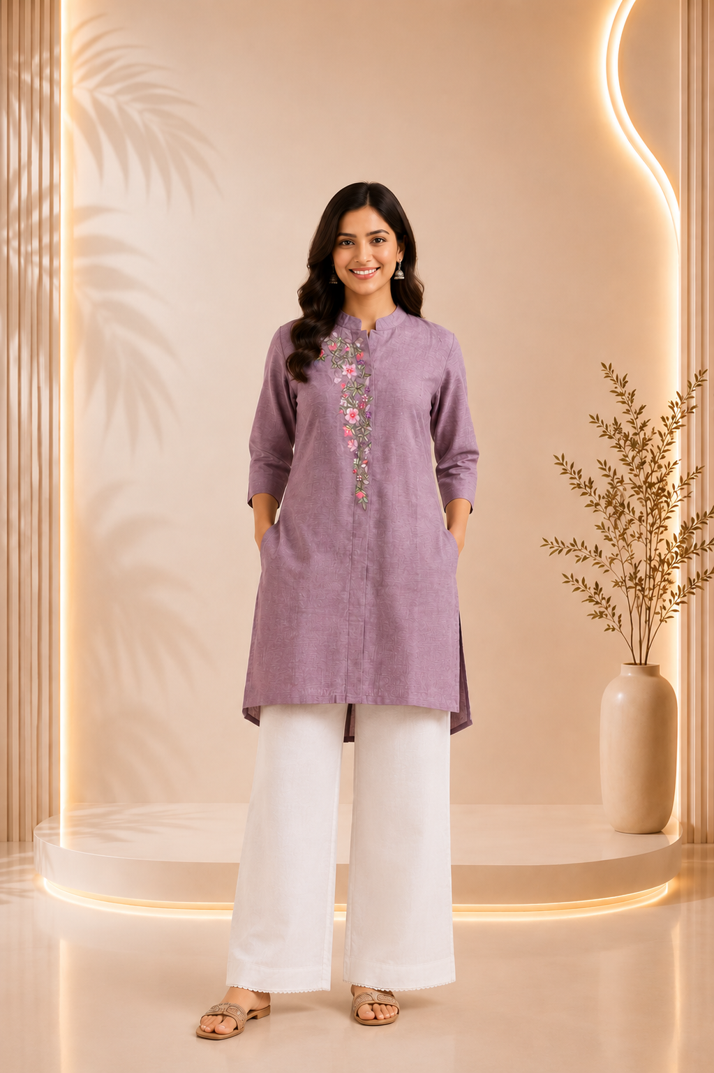 Handcrafted Dusty Mauve Floral Embroidered Shirt