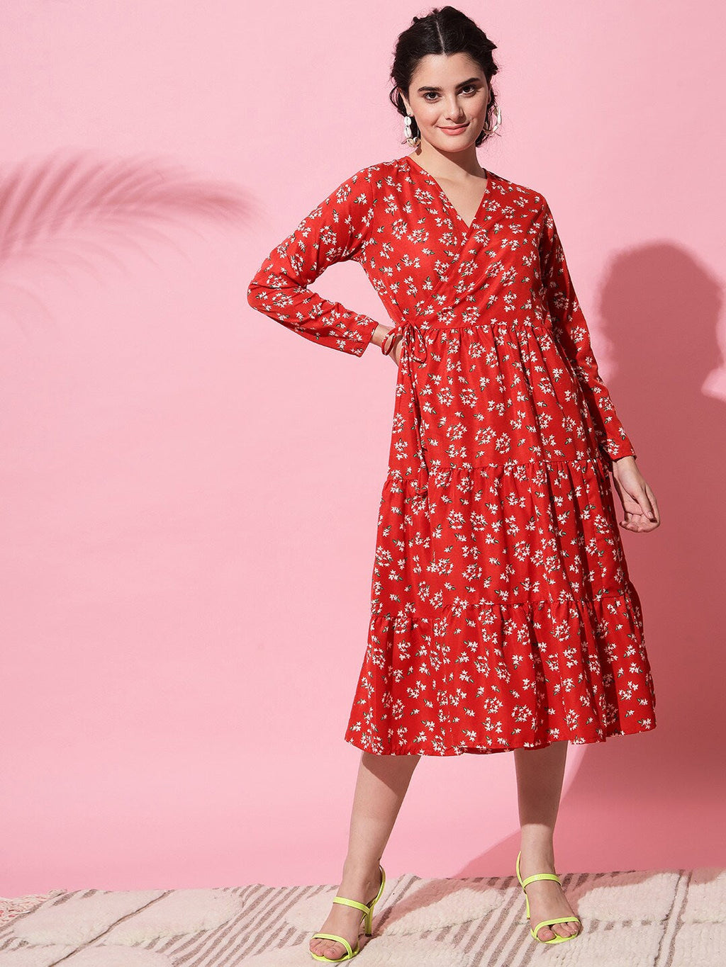 Red & White Floral Printed Midi Dress