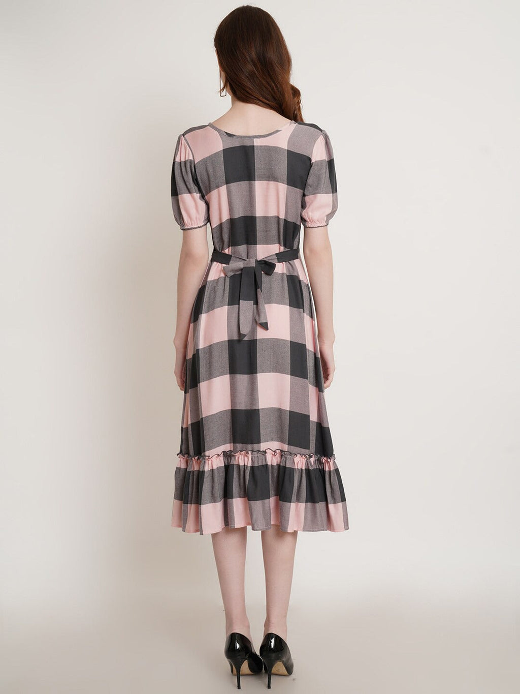 Peachy Geometric Grace Round Neck A-Line Dress with Flounce Hem