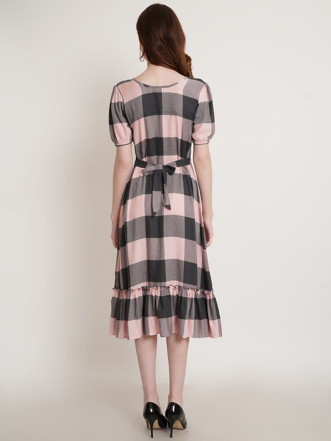 Peachy Geometric Grace Round Neck A-Line Dress with Flounce Hem