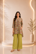 Olive Floral Printed Short Kurta With Pants Co-ord Set