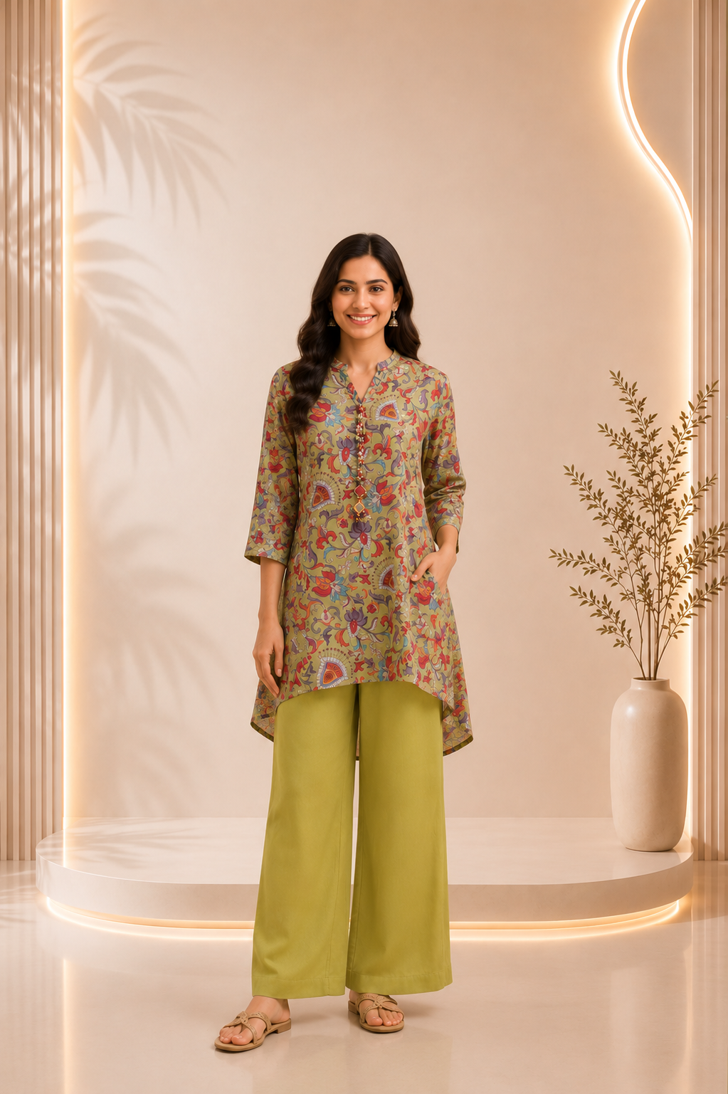 Olive Floral Printed Short Kurta With Pants Co-ord Set