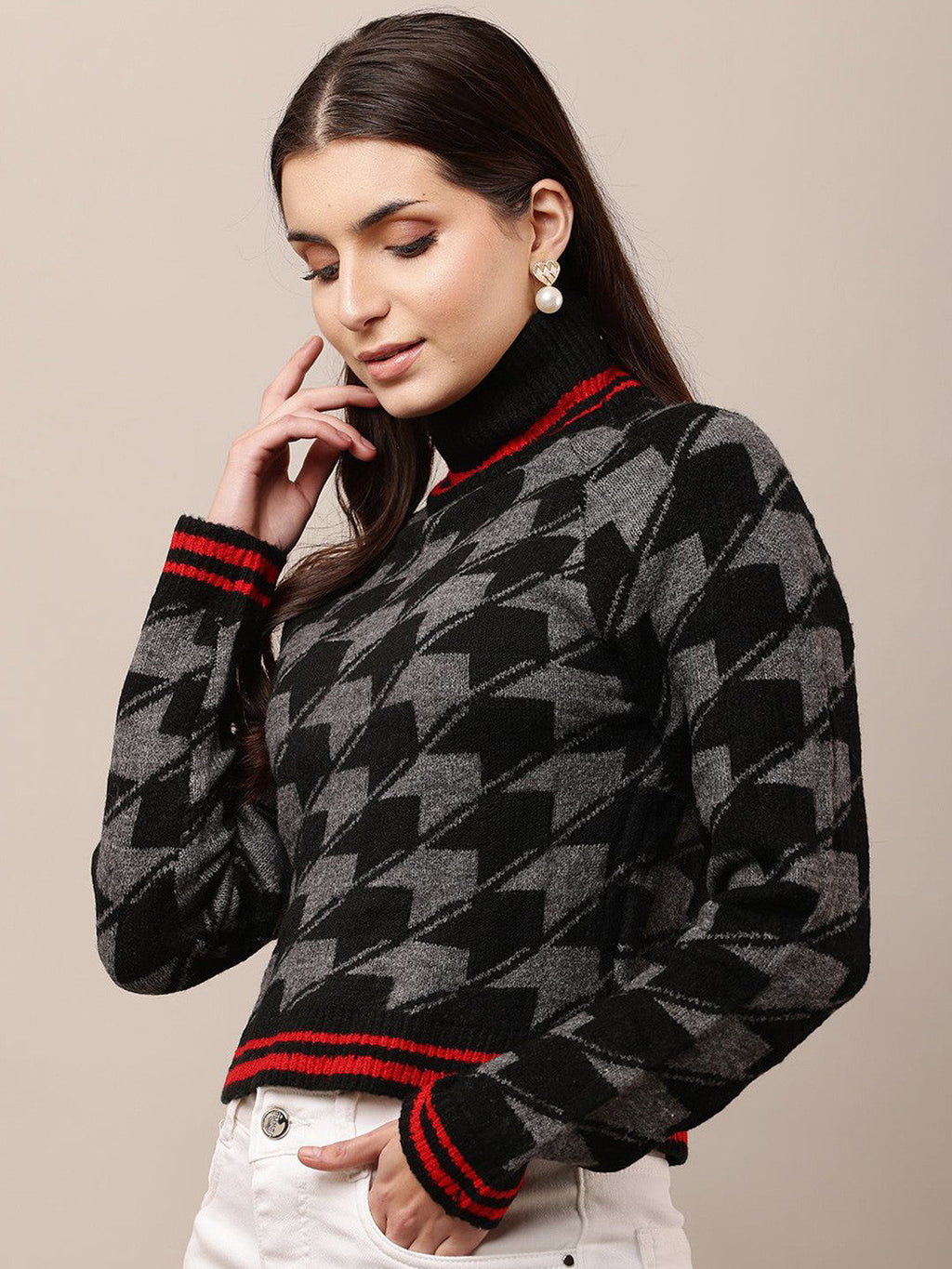 Black Classic High Neck Checked Pullover