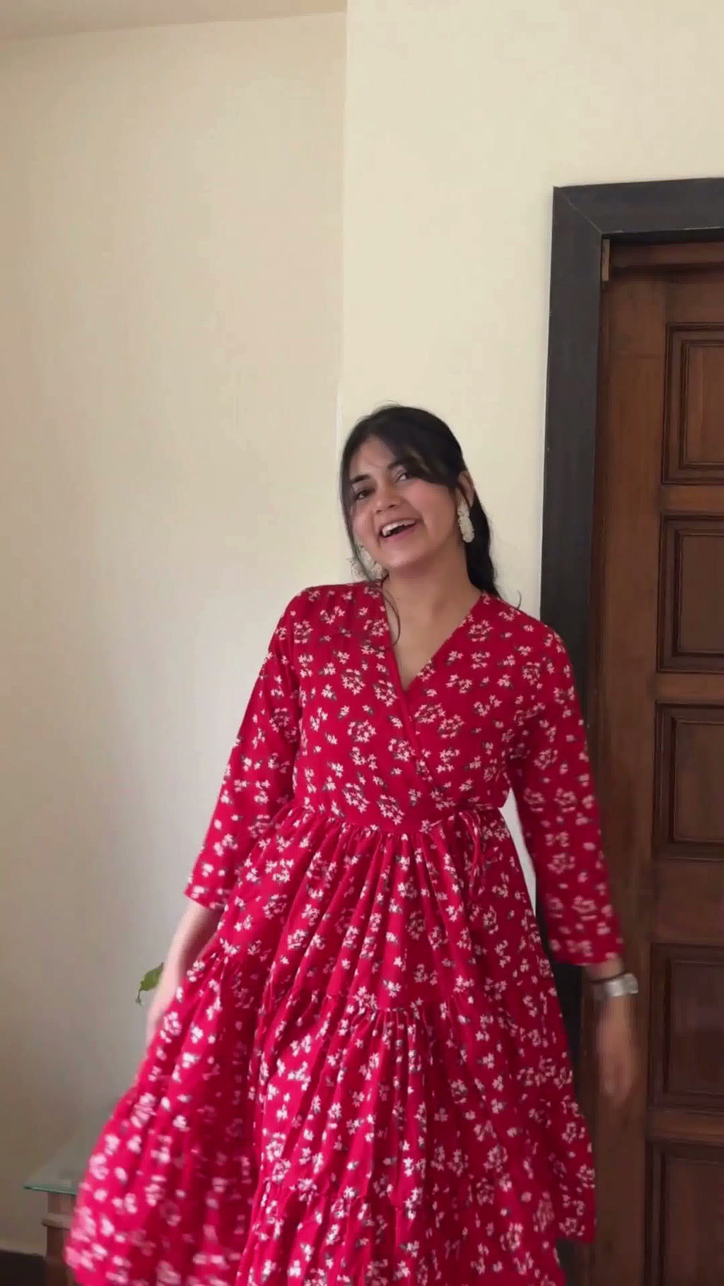 Red & White Floral Printed Midi Dress