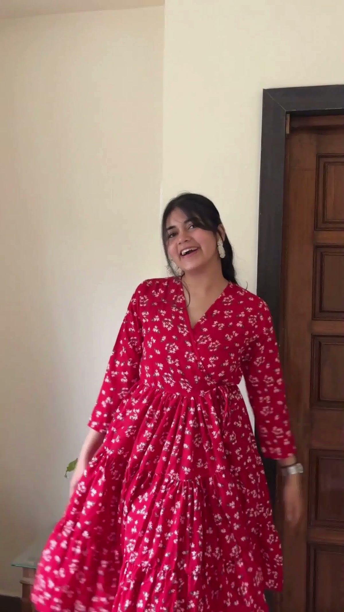 Red & White Floral Printed Midi Dress