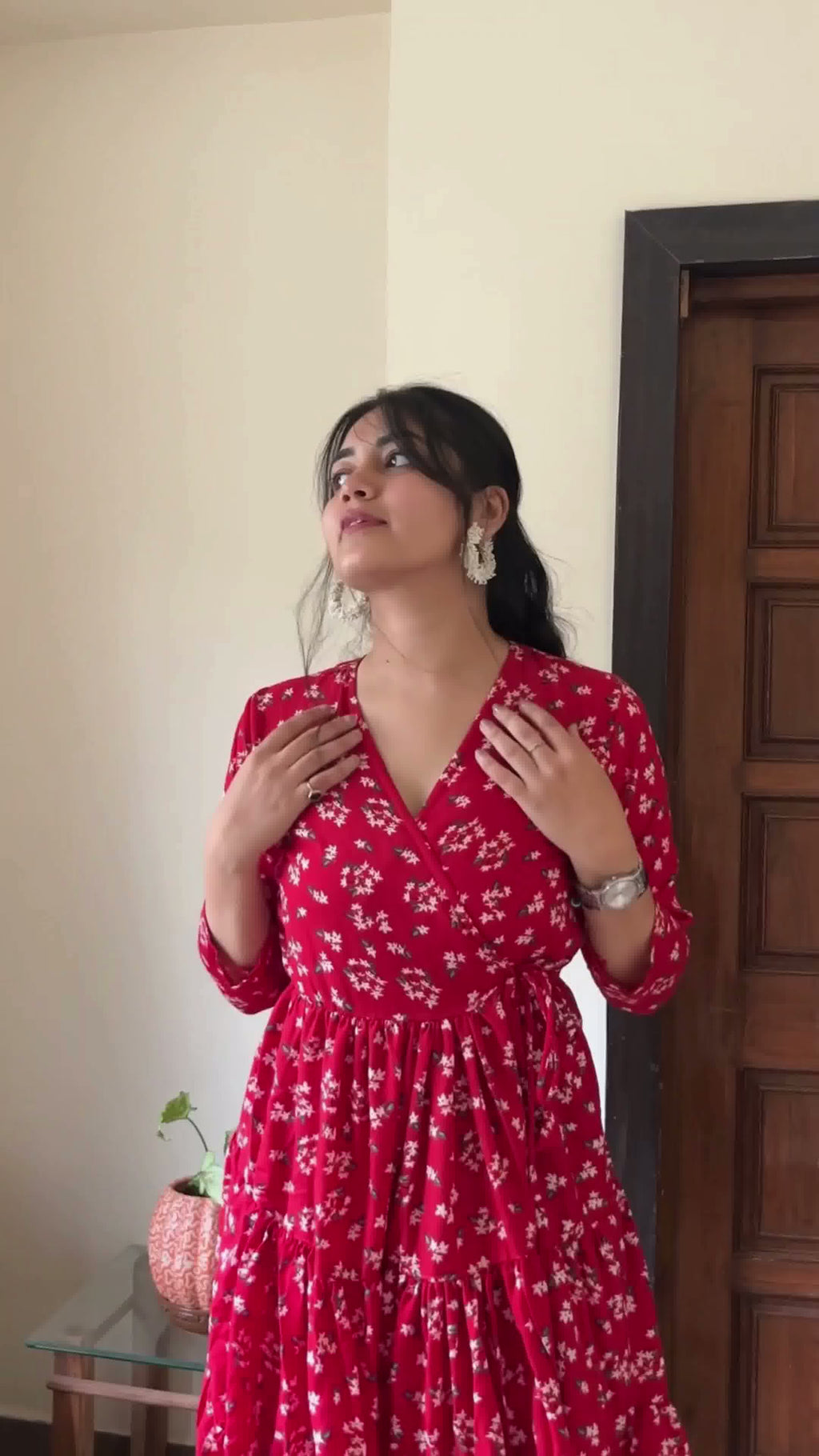 Red & White Floral Printed Midi Dress