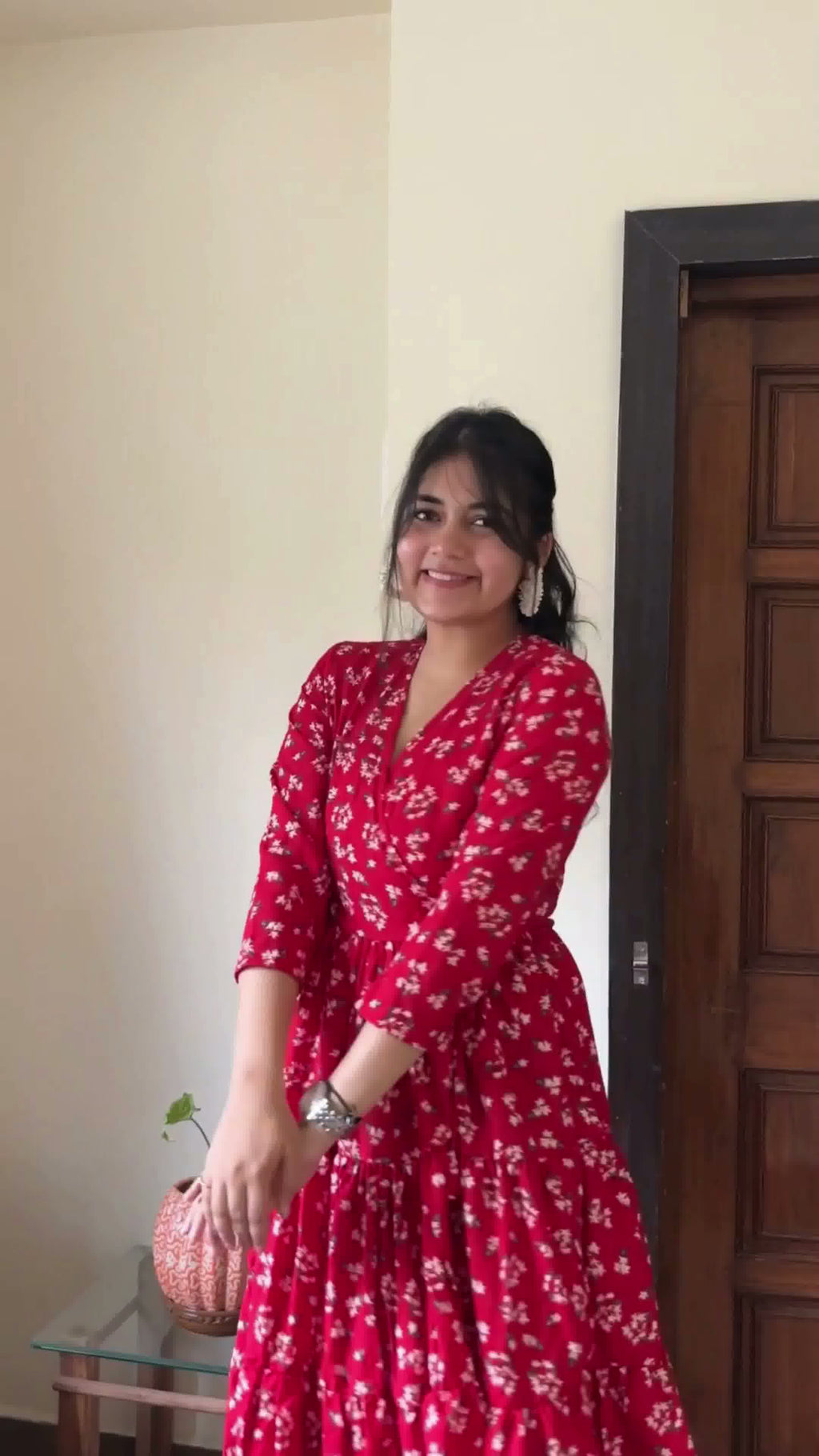 Red & White Floral Printed Midi Dress