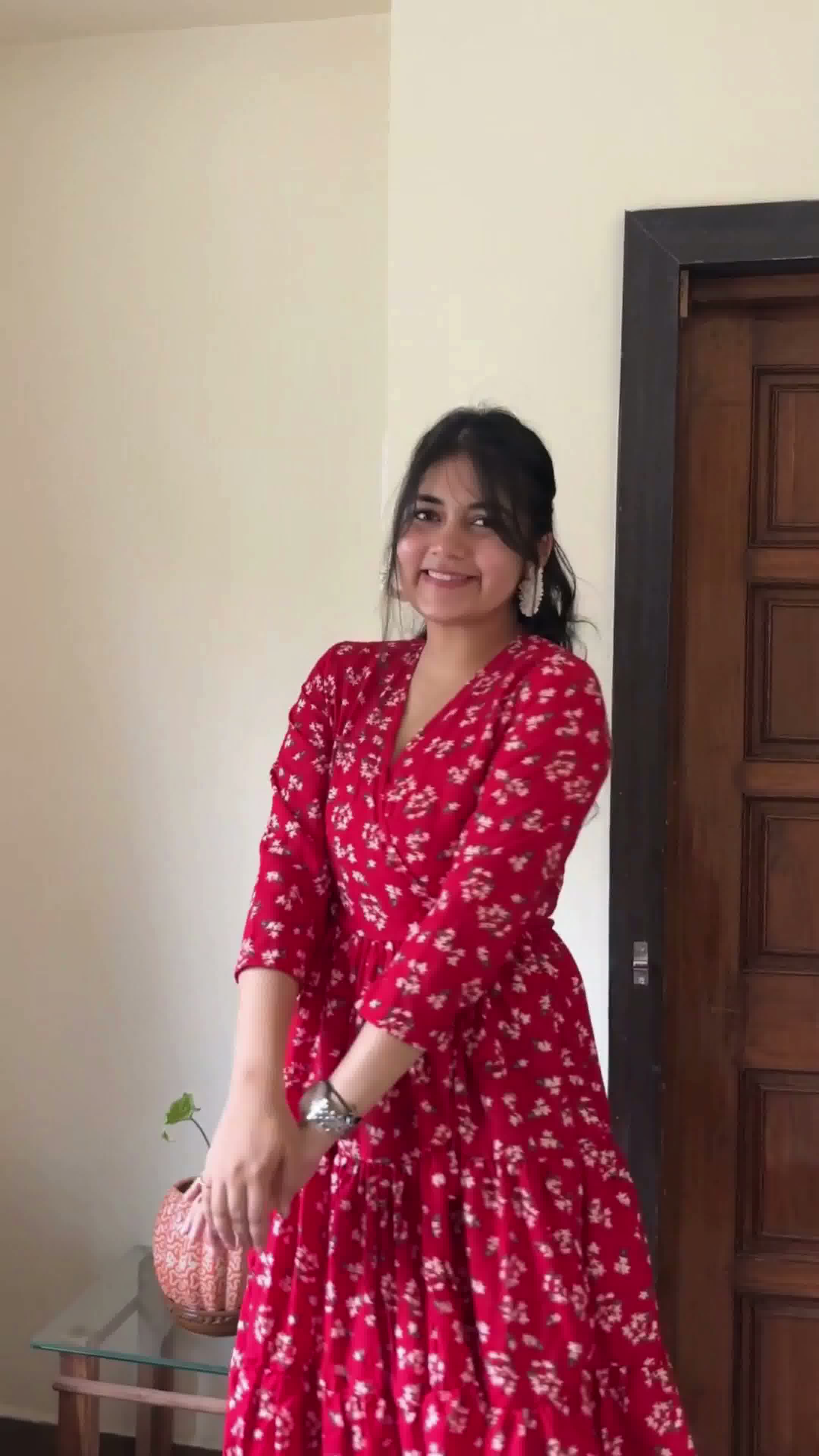Red & White Floral Printed Midi Dress