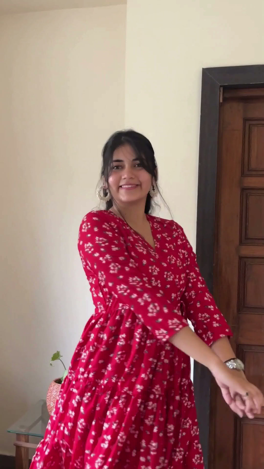 Red & White Floral Printed Midi Dress