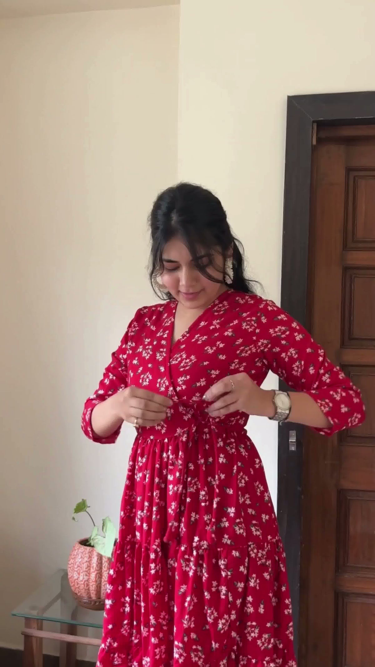 Red & White Floral Printed Midi Dress