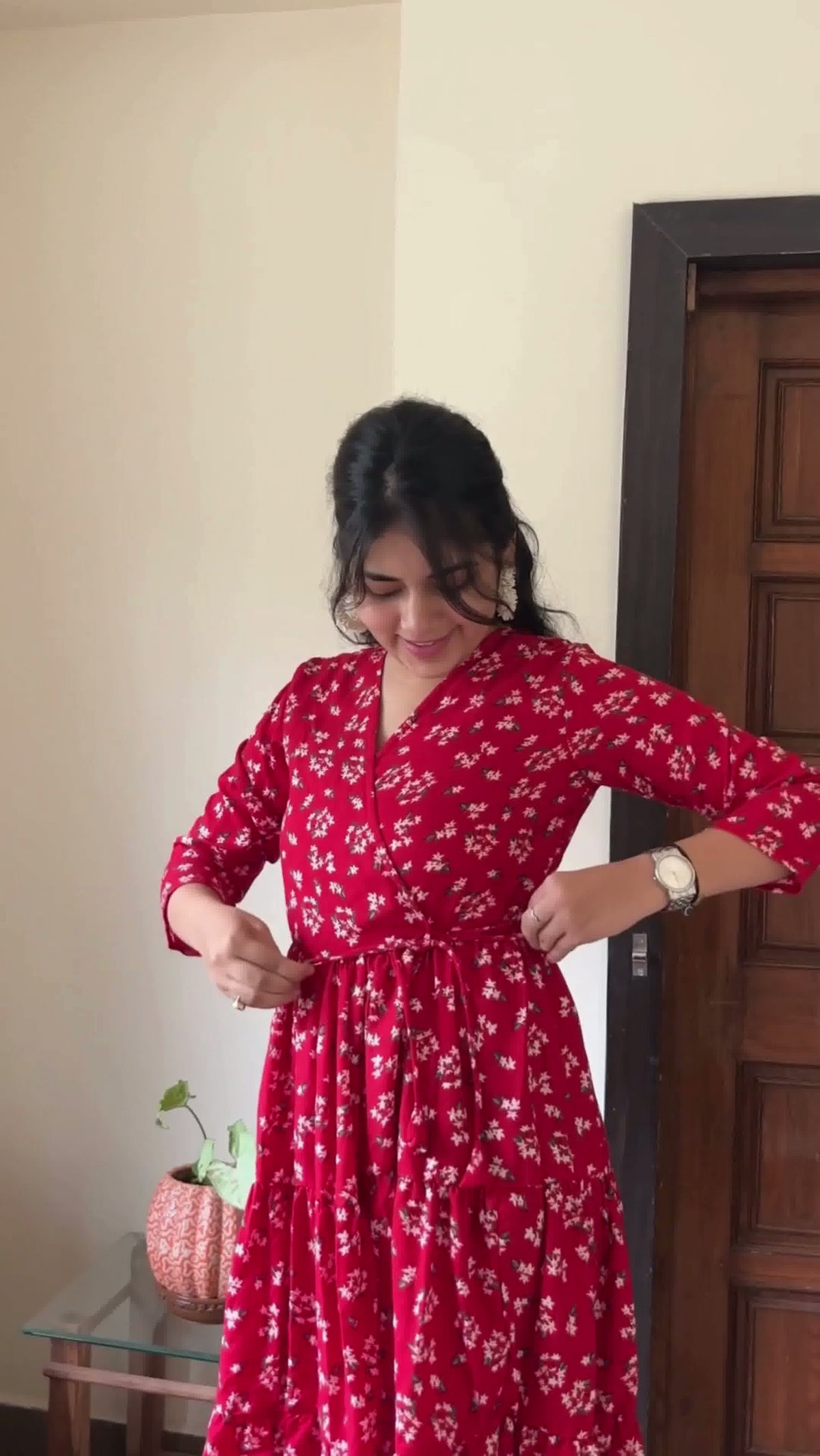 Red & White Floral Printed Midi Dress