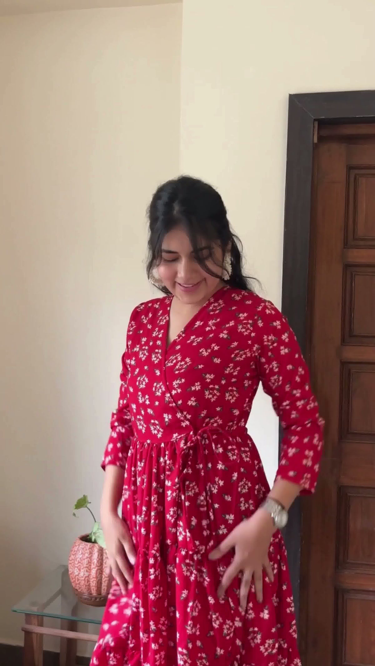 Red & White Floral Printed Midi Dress