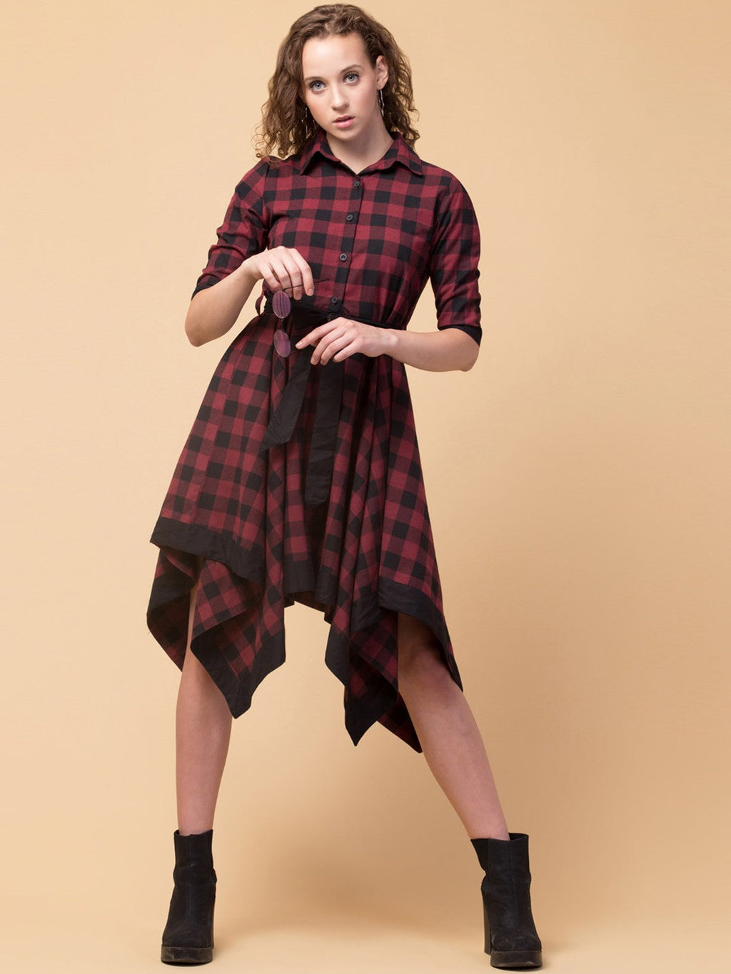 Checked Cotton Shirt Collar Dress