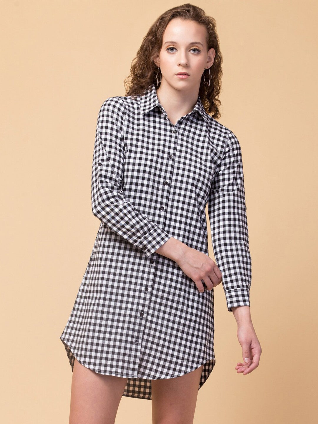 Black Checks Cotton Shirt Dress