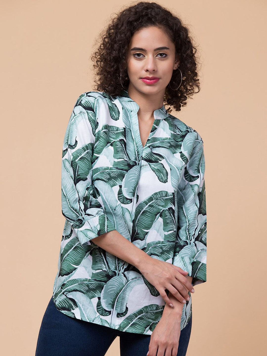 Green Tropical print shirt style Top
