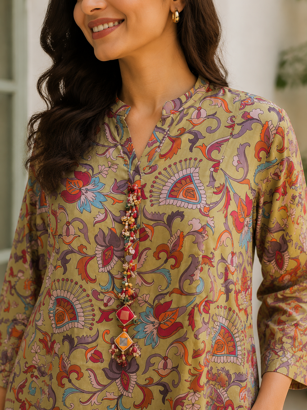 Olive Floral Printed Short Kurta With Pants Co-ord Set