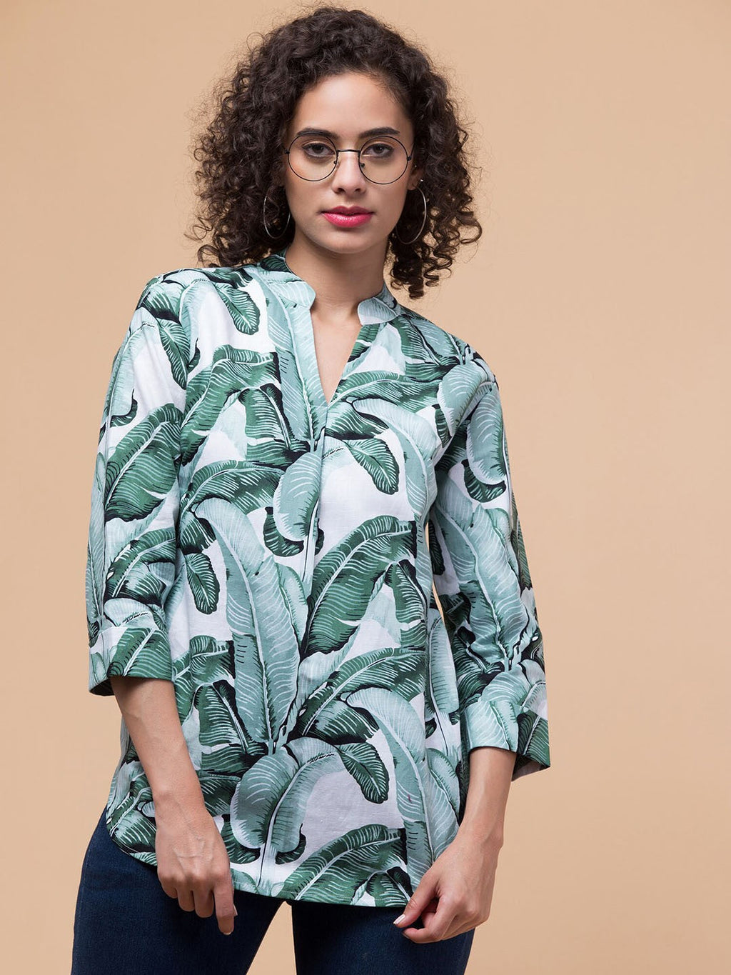 Green Tropical print shirt style Top