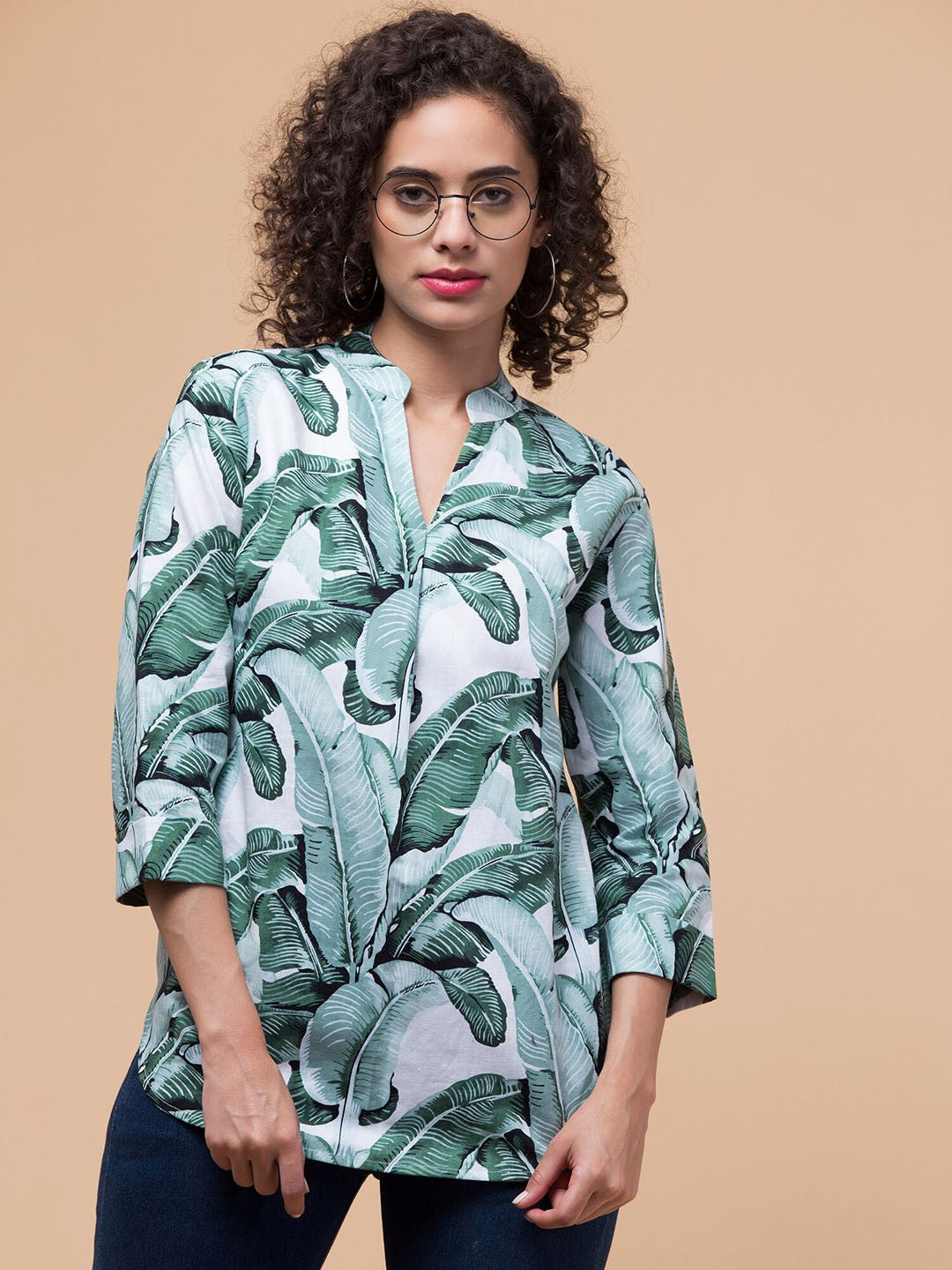 Green Tropical print shirt style Top