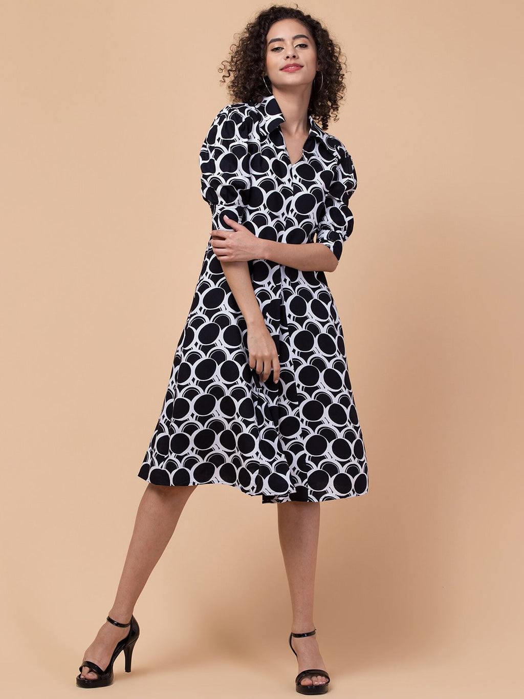 Radiant Reverie Woven Knee-Length Dress with Flared Hemline