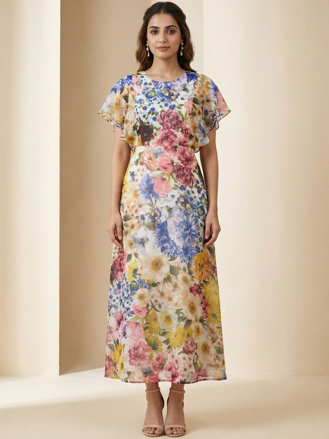 Classic Off White Floral Print Maxi Dress