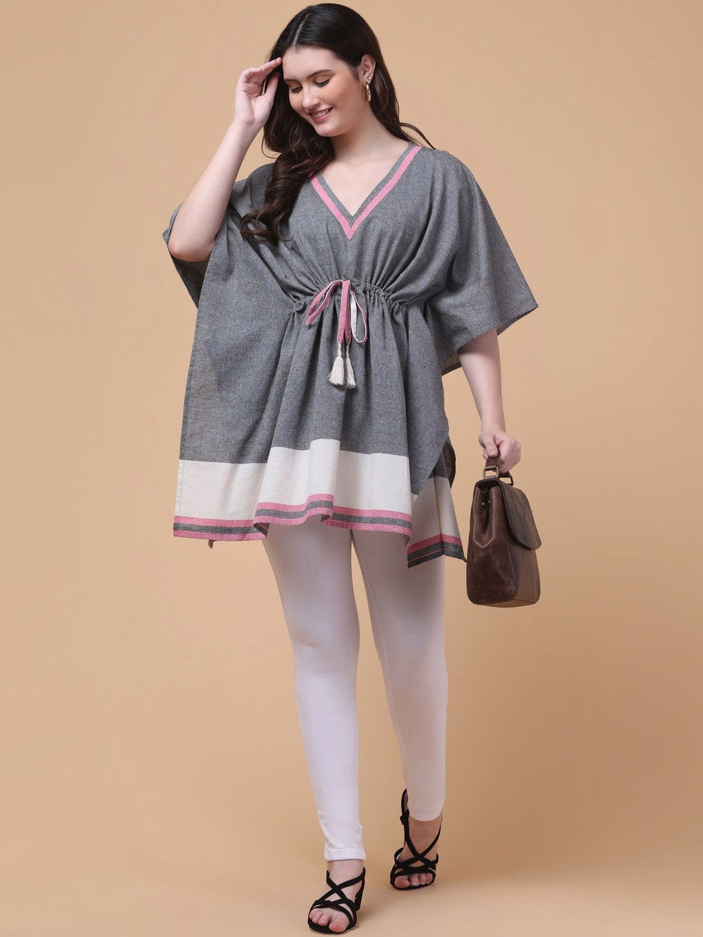 Grey Cotton Tie-Up Kaftan Top