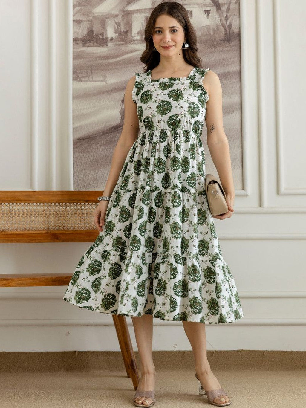 Floral Charm Green Midi Dress